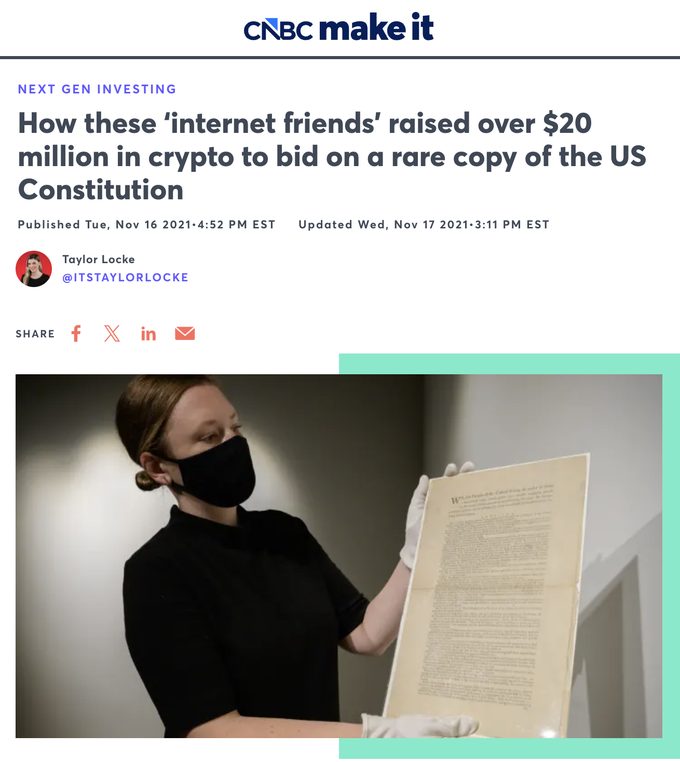 cnbc make it: how these internet friends raised over $20 million in crypto to bid on a rare copy of the us constitution